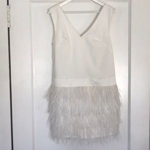 Dress- white, v-neck, drop waist, feathered skirt